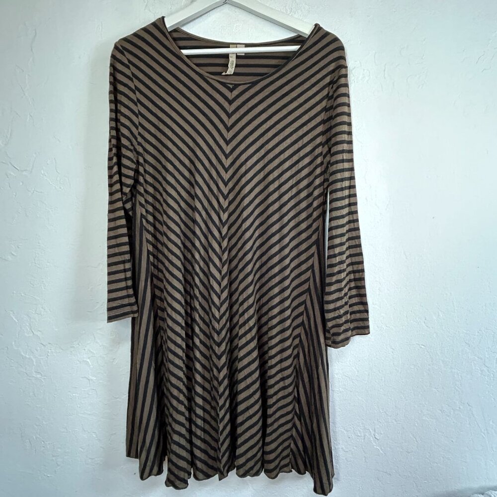 Comfy USA Womens Brown Black Striped Long Sleeve Swing Tunic Dress Large Stretch